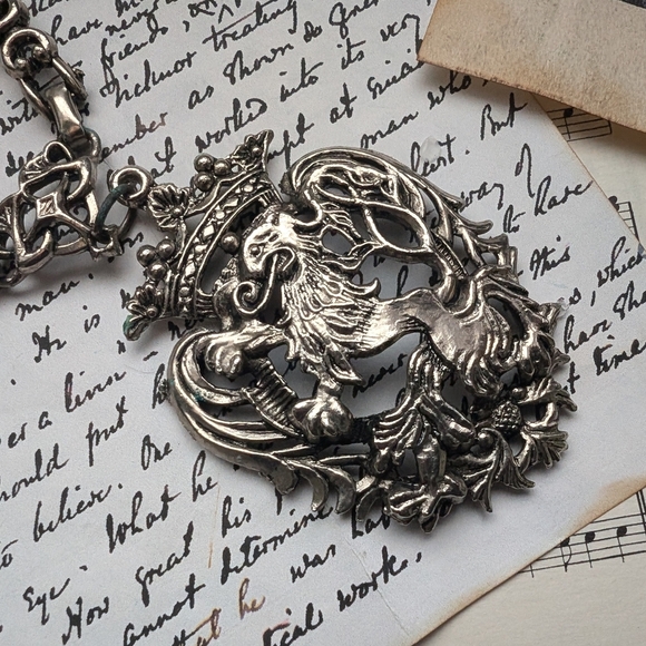 Ornate Silver Pendant Necklace Medieval Costume Jewelry - Picture 3 of 8